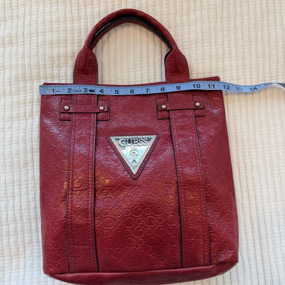 GUESS Y2K Burgundy Monogram Hand Bag Signature Silver Triangle Rhinestone Logo - Picture 9 of 15
